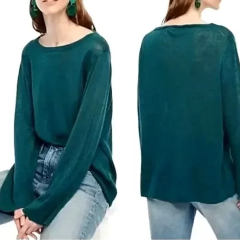 J. Crew Relaxed Fit Oversized Linen flare sleeve lightweight sweater In emerald